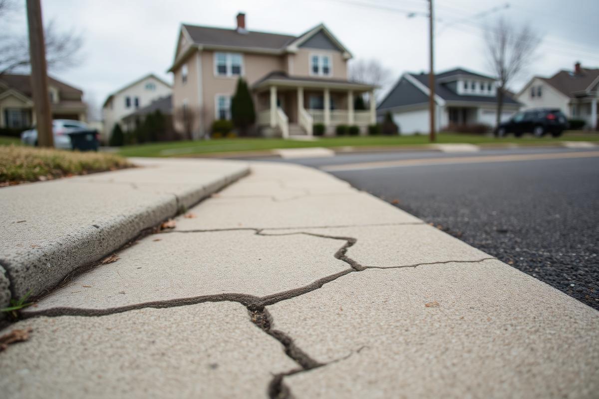 Before: broken sidewalk shot from the street on an overcast day